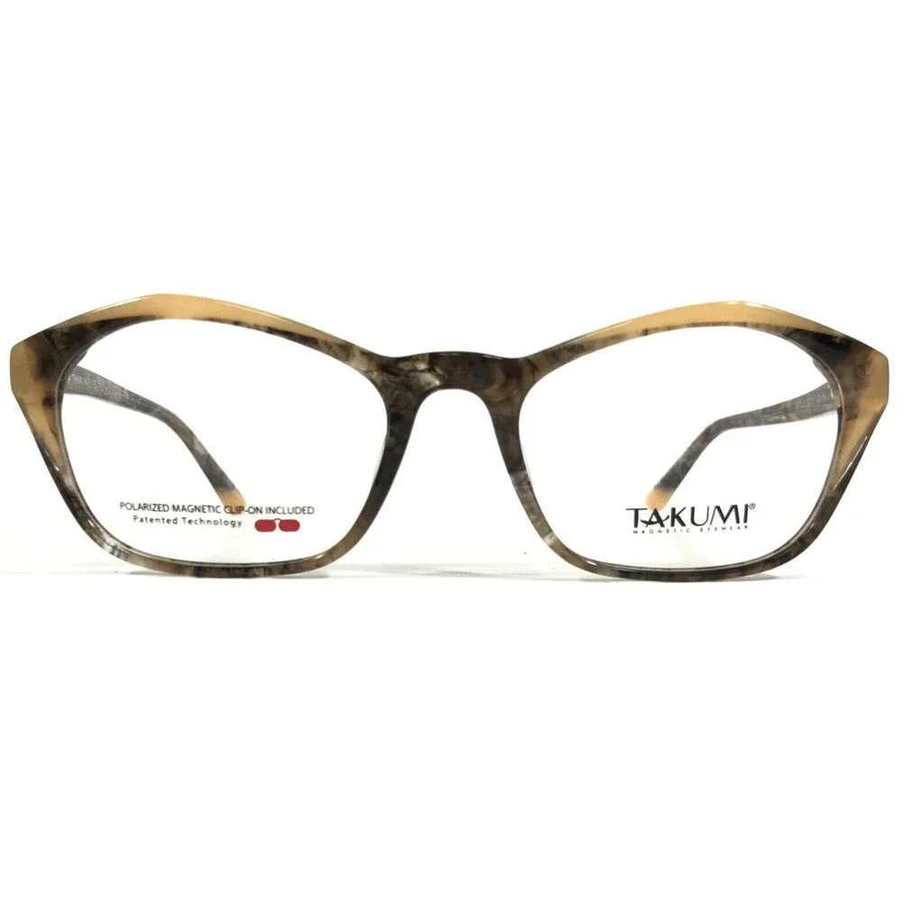 Takumi Eyeglasses Frames TK1145 10 Brown Yellow Marble Horn Geometric 52-19-140